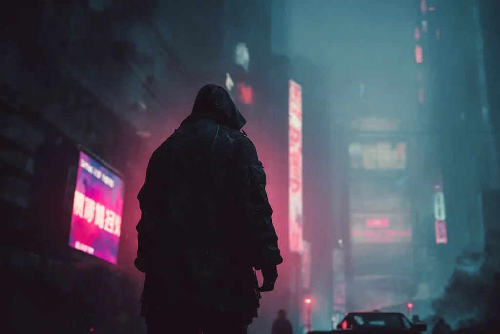Cyberpunk street scene with hooded figure - CodeQuest coding platform
